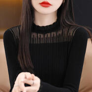 怡曼芙秋冬打底衫女新款蕾絲半高領(lǐng)針織衫女士網(wǎng)紗修身毛衣顯瘦外穿上衣 黑色 均碼 -建議90-140斤