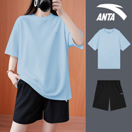 安踏休閑運動(dòng)套裝大碼女裝夏季純棉短袖T恤短褲寬松運動(dòng)服兩件套 【套裝】-9陶瓷藍 2XL/185
