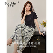 伯西亞品牌套裝裙女2025夏季新款斜領(lǐng)T恤國風(fēng)印花半身裙子氣質(zhì)兩件套 午夜黑 S