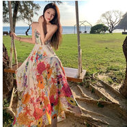 EYNL彩色碎花吊帶綁帶高腰度假連長裙小眾碎花連衣裙女夏花卉V領(lǐng)長裙 花色 L