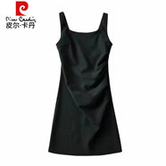 皮爾卡丹（pierre cardin）純色方領(lǐng)褶皺收腰包臀連衣裙女高腰顯瘦無(wú)袖吊帶裙性感辣妹短裙 黑色 M