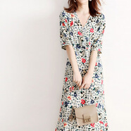 COLORFUL GEMS日系甜美碎花雪紡連衣裙V領(lǐng)修身氣質(zhì)款 印花色 M