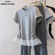 清池影淺藍色蕾絲下擺短袖T恤女2025夏大碼胖mm收腰顯瘦小衫超好看上衣 灰色（高級感） M 建議90-105斤