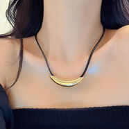 堅銀韓國日本項鏈女歐美冷淡金屬弧形彎管吊墜項圈時(shí)尚百搭頸鏈品牌 金色-黑皮繩彎管項圈