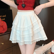 她戲設計感純欲初戀少女粉蛋糕半身裙精致甜美蕾絲拼接系帶百褶裙短裙 白色 S