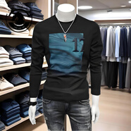 ANDSEEYOU品牌 長(cháng)袖T恤男秋季男士絲光棉圓領(lǐng)t恤印花潮流修身體恤打底衫男 黑色 M