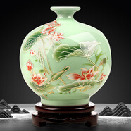 傲世景德鎮(zhèn)陶瓷器新中式花瓶工藝品客廳擺件酒柜玄關(guān)茶室博古架裝飾品 豆青釉清荷石榴瓶+底座