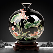 傲世景德鎮(zhèn)陶瓷器新中式花瓶工藝品客廳擺件酒柜玄關(guān)茶室博古架裝飾品 烏金釉清荷石榴瓶+底座