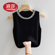 浪莎（LangSha）吊帶背心女白色無(wú)袖打底衫春秋款內(nèi)搭配西裝釘珠針織衫上衣打底衣 黑色 均碼 [80-125斤]