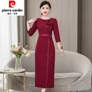 皮爾卡丹（pierre cardin）歐美法式女裝重工珠片繡優(yōu)雅婚禮喜婆婆宴會(huì )連衣裙春秋冬禮服長(cháng)裙 酒紅色 2XL