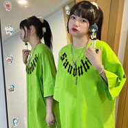 蘇愚100%純棉美式復(fù)古潮牌hiphop字母短袖T恤男女春夏寬松慵懶風(fēng)情侶 180克-熒光綠 XL