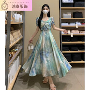 待婉實(shí)拍法式女神范碎花連衣裙輕奢感荷葉邊收腰顯瘦連衣裙度假裙 圖片色 L 大
