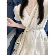 妍莉芬（yanlifen）刺繡碎花連衣裙女裝2025年新款夏季法式V領(lǐng)小個(gè)子收腰氣質(zhì)長(cháng)裙子 黃色碎花 L 【建議105-115斤】