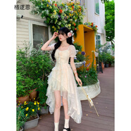 格邏恩（GELUOEN）法式方領(lǐng)新品連衣裙子女2025夏季設(shè)計感前短后長不規(guī)則拖尾公主裙 圖片色 均碼 【可備注碼數(shù)】