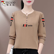 啄木鳥(niǎo)好棉長(cháng)袖t恤女款2025新款春秋季女式薄款寬松時(shí)尚上衣T 9072卡其 2XL 建議125-140斤