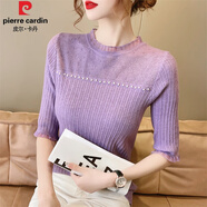 皮爾卡丹（PIERRE CARDIN）2025春夏新款中袖甜美打底衫女士毛衣圓領(lǐng)薄款蕾絲內(nèi)搭針織衫上衣 神仙紫 XL 【126-140斤】