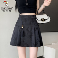 啄木鳥(niǎo)新中式國風(fēng)提花馬面裙女夏季薄款高腰氣質(zhì)包臀百褶裙a字半身短裙 黑色 2XL 建議135-150斤