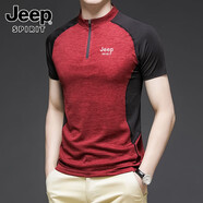 吉普（JEEP）半拉鏈立領(lǐng)短袖t恤男夏季運(yùn)動(dòng)透氣半袖衫跑步速干健身衣 棗紅 2XL
