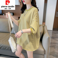 皮爾卡丹（pierre cardin）中長(zhǎng)款條紋短t袖恤女大尺碼新款寬松設(shè)計(jì)感小眾潮牌百搭慵懶風(fēng)上 黃色 8632 L 120-135斤