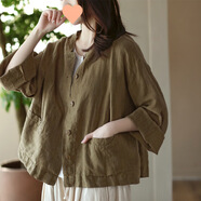 FHHUABD24新款復古棉麻開(kāi)衫女寬松春夏薄款休閑連帽長(cháng)袖外搭防曬短外套 卡其 XL 建議125-140斤