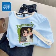 真維斯（JEANSWEST）短袖t恤女夏季新款純棉女裝上衣服撞色寬松ins風(fēng)小個(gè)子女生半袖衫 天藍(lán) 抱貓女孩 L