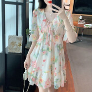 智兜兜2024新款夏季碎花連衣裙韓版瑞麗甜美淑女型荷葉邊裙氣質(zhì)套頭 杏色連衣裙 10XL s80-100斤