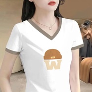 閃蜜短袖t恤女2025夏季新款剪標(biāo)撞色T恤女正肩V領(lǐng)寬松顯瘦體恤衫上衣 白色【W(wǎng)帽子】正品 L (建議100-115斤)
