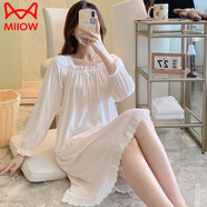 貓人（MiiOW）睡衣女士春秋季薄款純.棉長(cháng)袖休閑甜美可愛(ài)花邊孕婦月子家居睡裙 #XF-2033米白 M 160