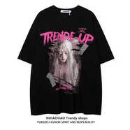 VZVJ復古高街人物歐美風(fēng)寬松大碼短袖T恤男男女胖mm潮牌百搭情侶裝上 黑色 XL 建議116-130斤