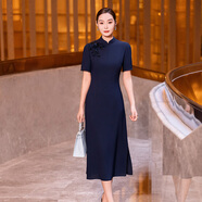 首尚格釋新中式國風(fēng)連衣裙女2025夏季新款時(shí)尚復古短袖立領(lǐng)刺繡雪紡a字裙 藏藍色 M