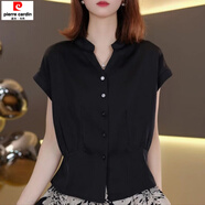 皮爾卡丹（pierre cardin）韓版時(shí)尚潮流短袖襯衫上衣夏季新款顯瘦氣質(zhì)設計小衫女士t恤短袖 【黑色】小V/領(lǐng)上衣 S 建議穿80-90斤