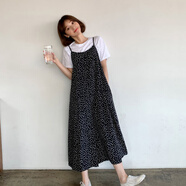 FZMF闊腿連體褲裙女2025夏大碼吊帶點(diǎn)連衣褲休閑寬松雪紡背帶九分褲 黑色(吊帶褲) L 100-115斤