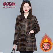 俞兆林（YUZHAOLIN）媽媽冬裝格子仿金貂絨毛呢外套中老年女裝加絨加厚中長款呢子大衣 咖啡色 XL (參考90-105斤)