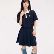 NO ONE ELSE字母刺繡短袖連衣裙女2025夏季新款翻領(lǐng)松緊腰短裙子 藏藍 S