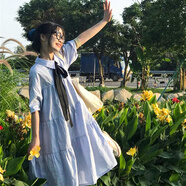 法舒琳學(xué)院風(fēng)韓版寬松連衣裙女夏季遮肚子2025新款可愛(ài)風(fēng)顯瘦藍色連衣裙 藍色+黑色領(lǐng)帶 2XL 建議126-135斤