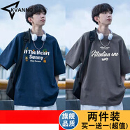 KVANNO新款短袖T恤男夏季港風(fēng)ins潮牌字母美式休閑百搭半袖潮流體恤上衣 M849藏青色+M742深灰色【z】 M 建議80-95斤