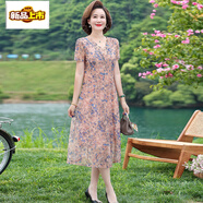 初徑時(shí)尚高貴媽媽裝歐根紗連衣裙夏新款中年女裝氣質(zhì)碎 杏色 2XL 建議108-120斤
