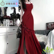 魁熙法式清冷感綠色吊帶連衣裙子女夏季在逃公主古著vintage生日禮服 酒紅色吊帶裙魚尾裙 均碼  s