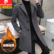 皮爾卡丹（pierre cardin）翻領(lǐng)毛呢大衣男中長款韓版修身呢子外套男秋冬季加厚加棉男士上衣 麻灰色 加絨 4XL 建議150-165斤