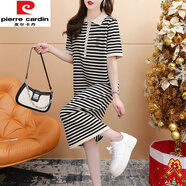 皮爾卡丹（pierre cardin）長(cháng)款Polo領(lǐng)連衣裙女過(guò)膝新款夏季寬松大尺碼短袖T恤條 米白色【長(cháng)/款過(guò)膝】今年流行的 M 【建議120斤以下】