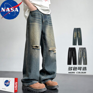 NASA RHUDE夏季破洞牛仔褲男士寬松潮流九分男春夏修身束腳休閑小腳褲男裝 懷舊黃 S (90-105斤)