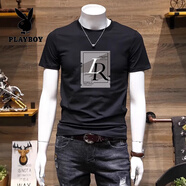 花花公子（PLAYBOY）夏季短袖t恤男士2025新款韓版印花上衣服時尚休閑棉質(zhì)半袖體恤衫 TB080黑-LR 2XL 160斤-180斤