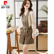 皮爾卡丹（pierre cardin）小香風(fēng)休閑小個(gè)子連體褲套裝女夏季氣質(zhì)雪紡拼接輕薄闊腿連衣短褲 卡其色 2XL