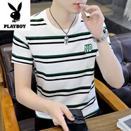 花花公子（PLAYBOY）含棉短袖t恤夏季條紋撞色體恤上衣男士潮牌高端圓領(lǐng)男裝父親節 Y919白色 XL (適合120-135斤)
