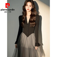 皮爾卡丹（pierre cardin）高級感穿搭赫本風(fēng)黑色拼接網(wǎng)紗連衣裙子春秋富家千金女裝2025新款 P2039-拼接連衣裙 M 建議80-95斤
