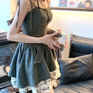 COLORFUL GEMS風(fēng)碎花拼接牛仔吊帶連衣裙女2025夏季新款收腰字短裙子 牛仔吊帶裙拼接水墨碎花裙 L 【建議100-110斤】