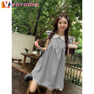 VOYDOVE黑白格子飛飛袖學院風連衣裙女夏季蕾絲拼接寬松顯瘦A字裙短裙子 圖片色【z】 S 建議92斤內(nèi)穿