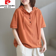 皮爾卡丹（pierre cardin）純.棉連帽短袖T恤女100衛(wèi)衣夏薄款韓版印花寬松文藝民族風(fēng)洋氣裝t 桔色【純.棉  純色】今年流行的 XS