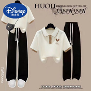 迪士尼（Disney）女童夏季小清新套裝少女初中學(xué)生POLO領(lǐng)短袖T恤休閑闊腿褲兩件套 杏拼卡其上衣+黑色褲子 160 cm