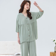 特絲格斯新款棉綢睡衣女春秋套裝寬松大碼薄款長(cháng)袖長(cháng)褲時(shí)尚夏季女士家居服 翡翠 2XL (體重125斤內)褲子有口袋